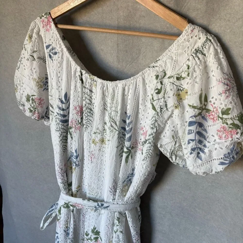 Just Me Cotton Eyelet Puff Sleeve Midi Waist Tie Tiered OffShoulder Floral Dress